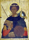 Saint Demetrius of Thessaloniki (Greek: Άγιος Δημήτριος της Θεσσαλονίκης) was a Christian martyr, who lived in the early 4th century.<br/><br/>

During the Middle Ages, he came to be revered as one of the most important Orthodox military saints, often paired with Saint George. His feast day is 26 October for Christians following the Gregorian calendar and 8 November for Christians following the Julian calendar.

Some scholars believe that for four centuries after his death, St. Demetrius had no physical relics, and in their place an unusual empty shrine called the 'ciborium' was built inside Hagios Demetrios. What is currently purported as his remains subsequently appeared in Thessaloniki, but the local archbishop (John of Thessaloniki, 7th century) was publicly dismissive of their authenticity. These are now also kept in Hagios Demetrios. According to believers, these relics were ascertained to be genuine after they started emitting a liquid and strong scented myrrh. This gave the saint the epithet 'Myrovlētēs' (Greek: Μυροβλήτης, the Myrrh-streamer).